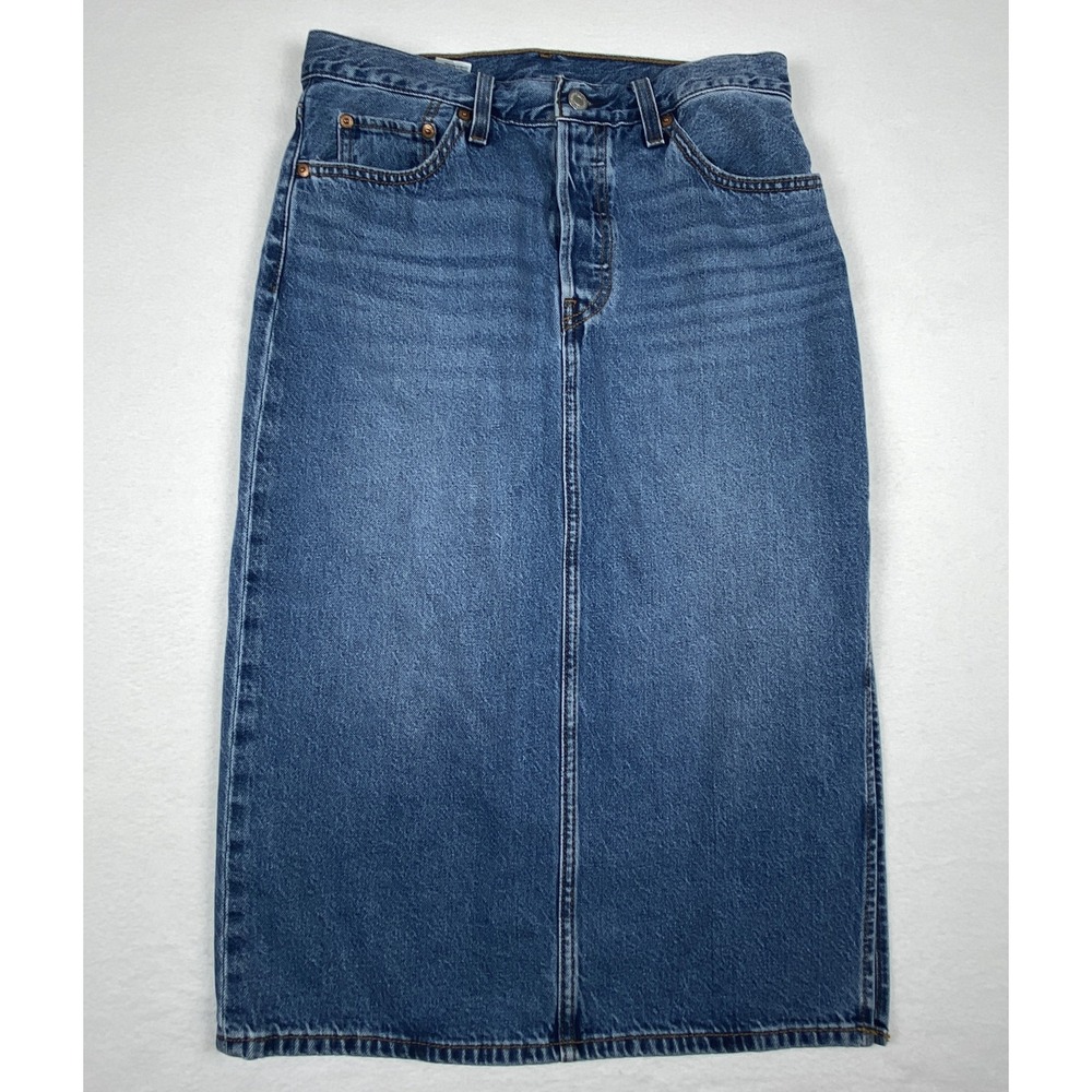 Levis Denim Midi Skirt Womens 28 Medium Wash Button Fly High Rise Side Slit Blue
